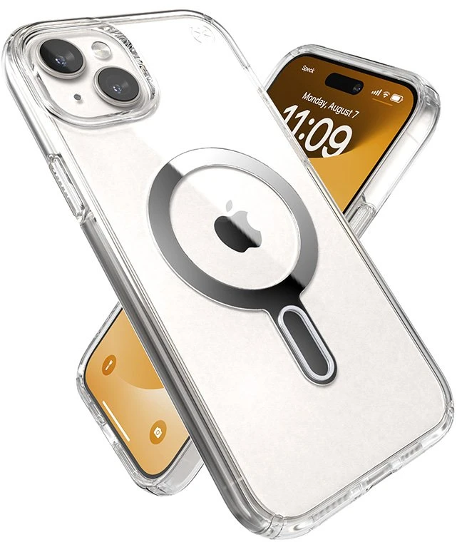 Dėklas Speck Presidio Perfect-Clear ClickLock & Magsafe do iPhone 15 Plus / iPhone 14 Plus (Clear / Chrome Finish / Serene Sidabrinis)