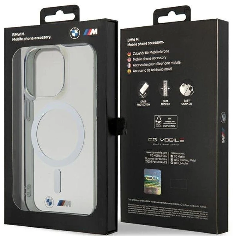 BMW BMHMP14LHCRS dėklas Apple iPhone 14 Pro 6.1″ skaidrus kietas dėklas Sidabrinis Ring MagSafe