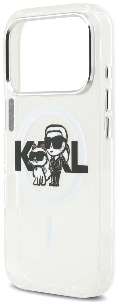 Originalus dėklas Karl Lagerfeld IML blizgučiams Karl & Choupette Sketch Logo Magsafe dėklas Apple iPhone 17 Pro skaidrus