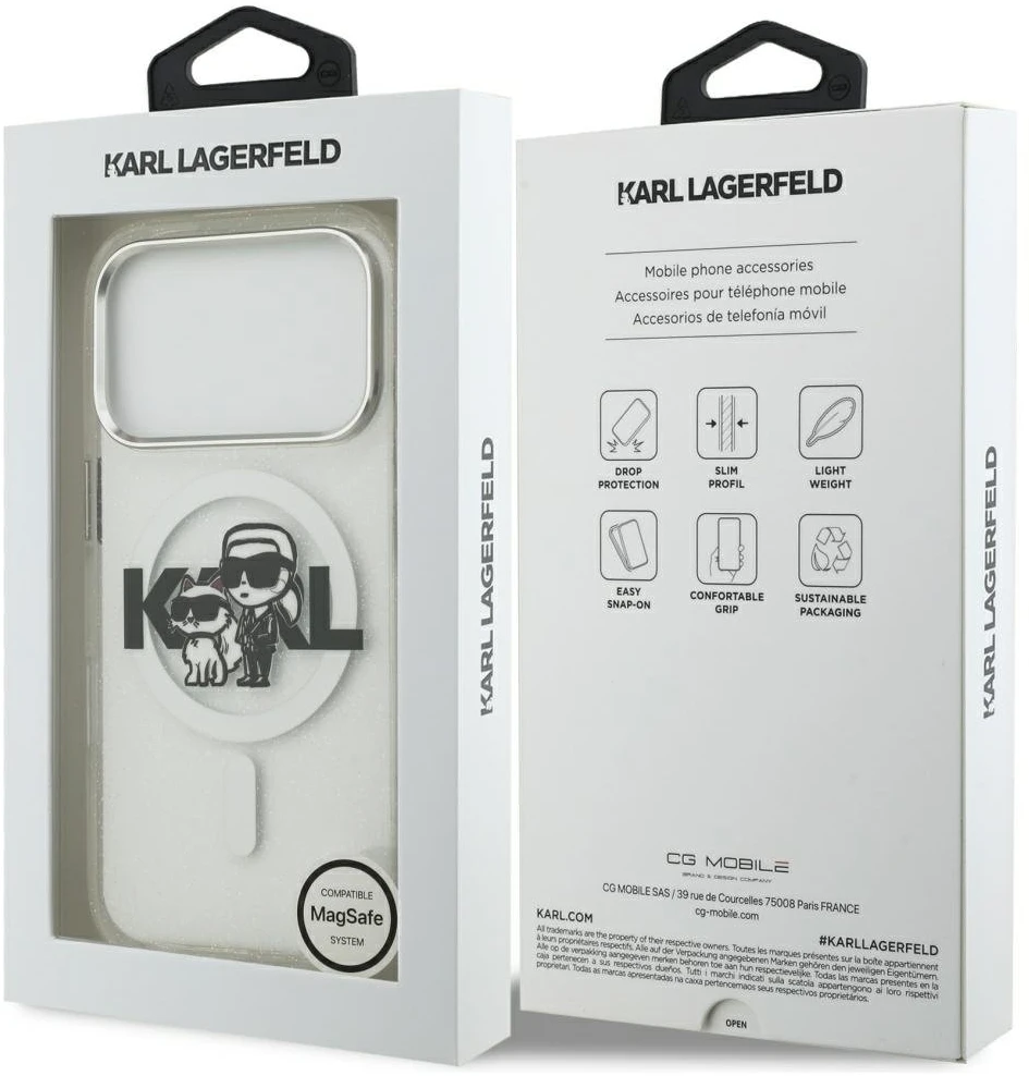 Originalus dėklas Karl Lagerfeld IML blizgučiams Karl & Choupette Sketch Logo Magsafe dėklas Apple iPhone 17 Pro skaidrus