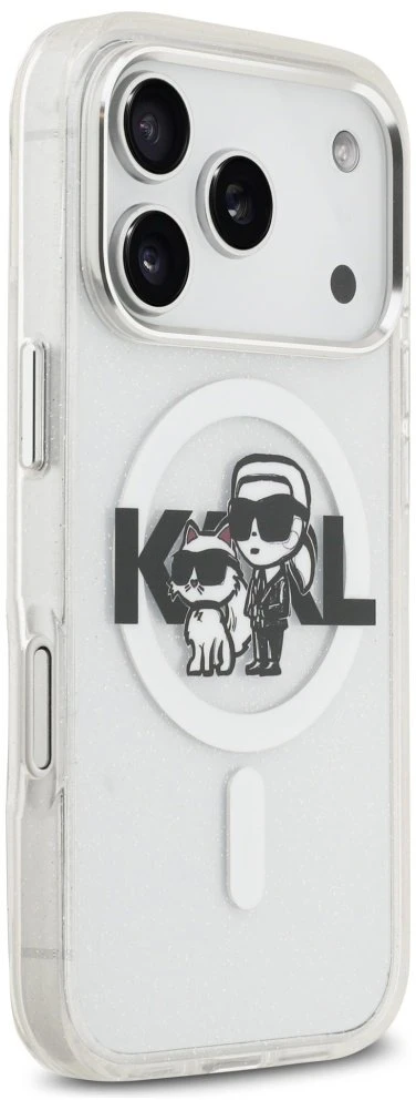 Originalus dėklas Karl Lagerfeld IML blizgučiams Karl & Choupette Sketch Logo Magsafe dėklas Apple iPhone 17 Pro skaidrus