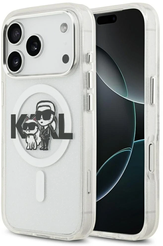 Originalus dėklas Karl Lagerfeld IML blizgučiams Karl & Choupette Sketch Logo Magsafe dėklas Apple iPhone 17 Pro skaidrus
