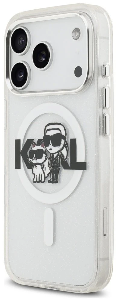 Originalus dėklas Karl Lagerfeld IML blizgučiams Karl & Choupette Sketch Logo Magsafe dėklas Apple iPhone 17 Pro skaidrus