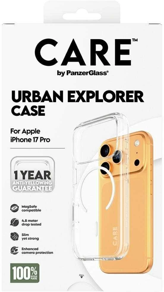 „Panzer Glass CARE by PanzerGlass Flagship Urban Explorer“ dėklas su „Baltas MagSafe“, skirtas „iPhone 17 Pro“ – permatomas