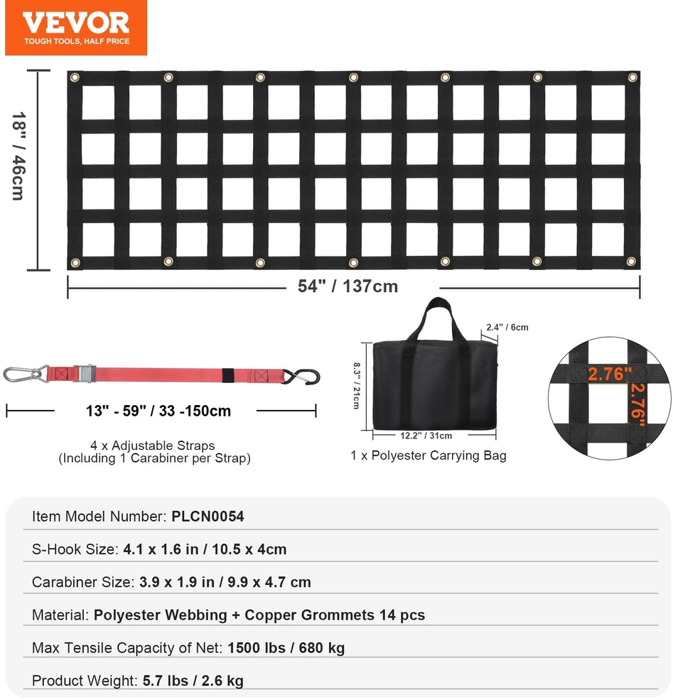 VEVOR pikapo bagažinės tinklas 137 cm x 46 cm