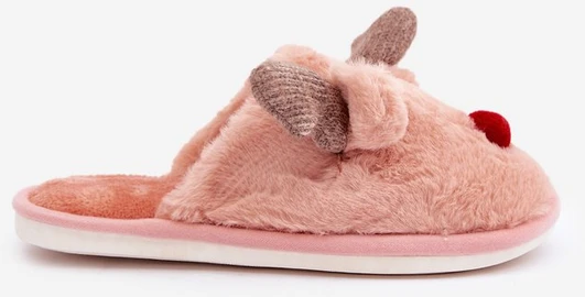 Pink Moteriškos kailinės šlepetės su rausvomis šiaurės elnių motyvo 'Rožinė Sennalith' detalėmis