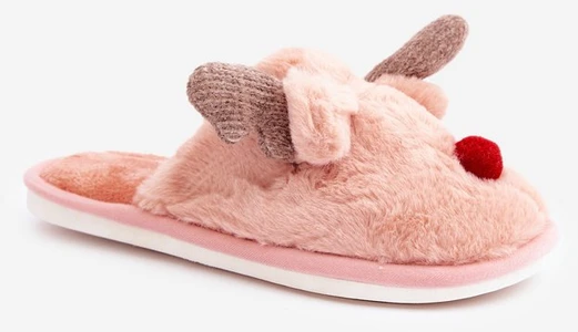 Pink Moteriškos kailinės šlepetės su rausvomis šiaurės elnių motyvo 'Rožinė Sennalith' detalėmis