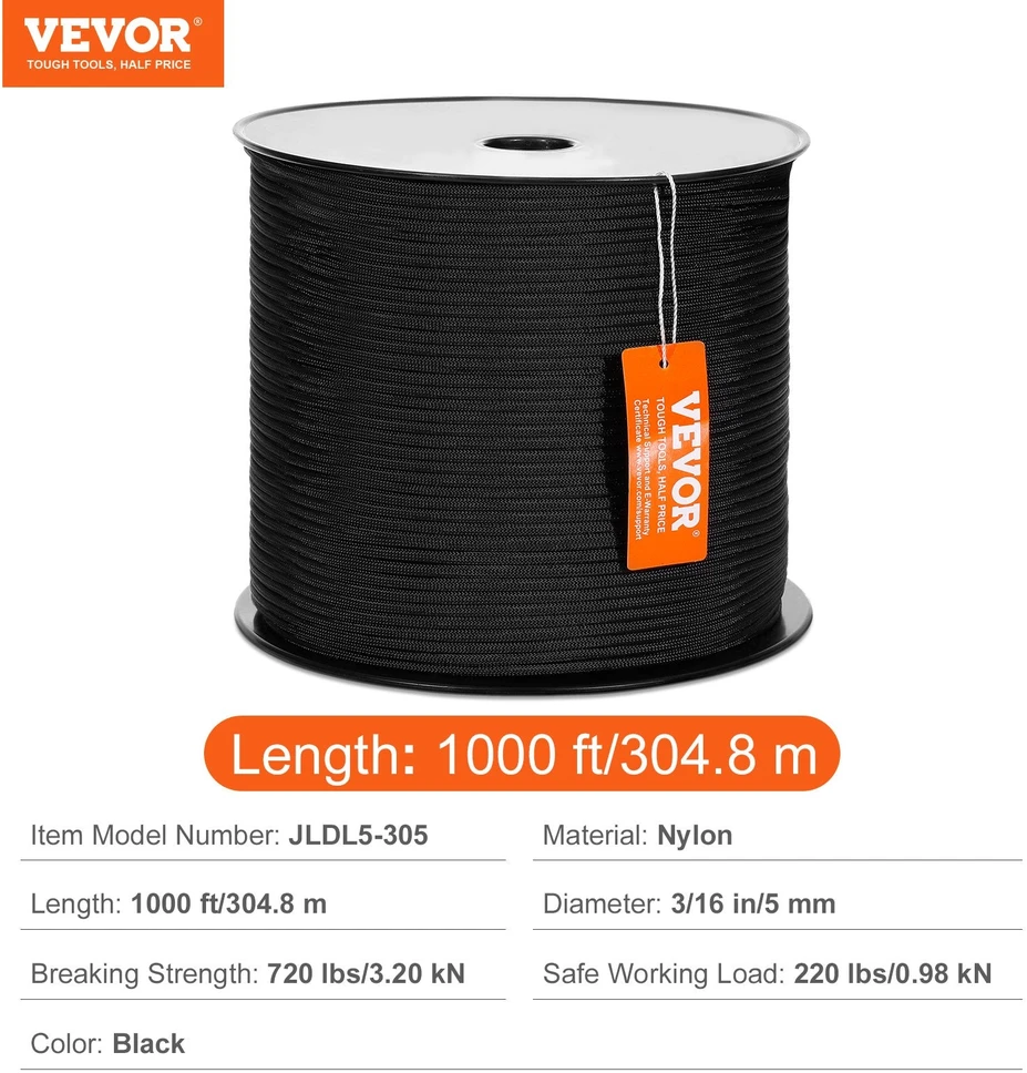 VEVOR Pynėtas nailoninis lynas 5 mm 304,8 m alpinistams