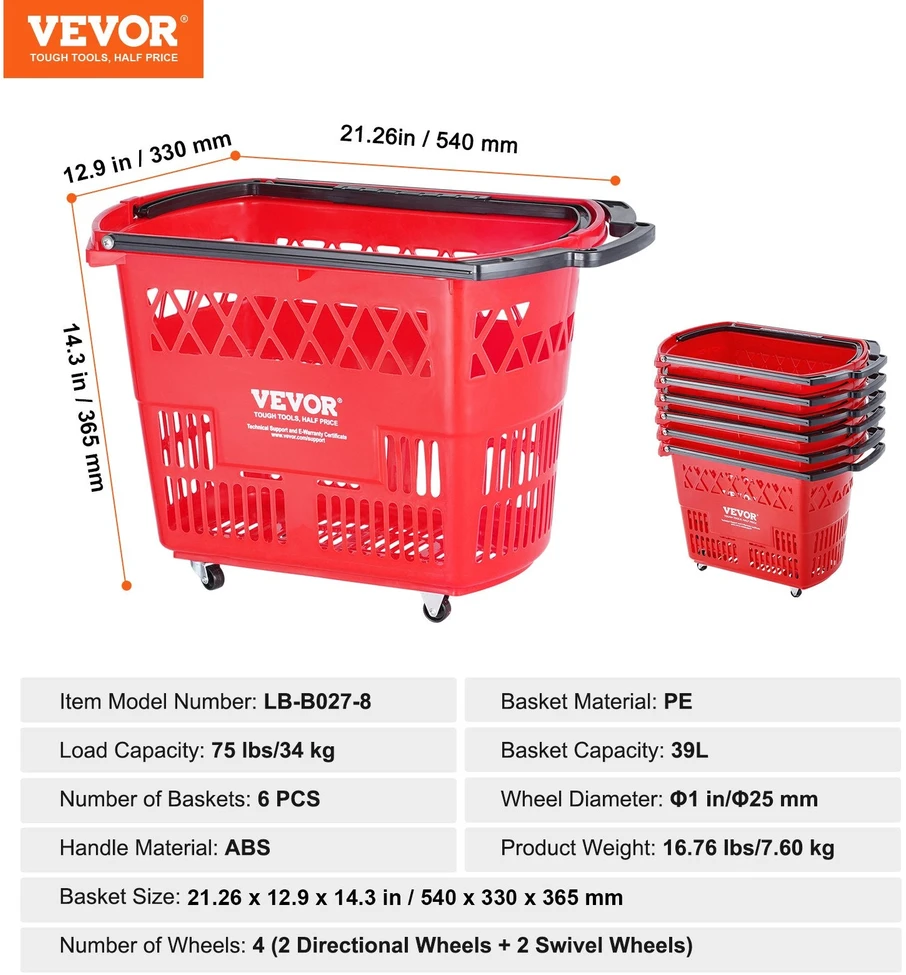 VEVOR Raudonas plastikinis prekybos vežimėlis 6 vnt 39L