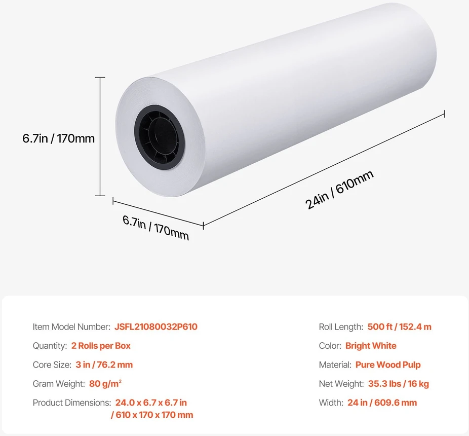 Vevor Ploto spausdintuvo popierius 24 cm x 152 m