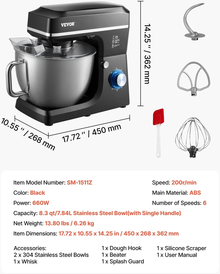 Plakiklis VEVOR Virtuvinis maišytuvas 7.84 L 1400W 6 greičiai