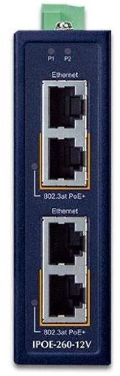 Šakotuvas PLANET Industrial 2-port 10/100/1000T Gigabit Ethernet (10/100/1000) Maitinimas per Eternetą (PoE) Mėlyna