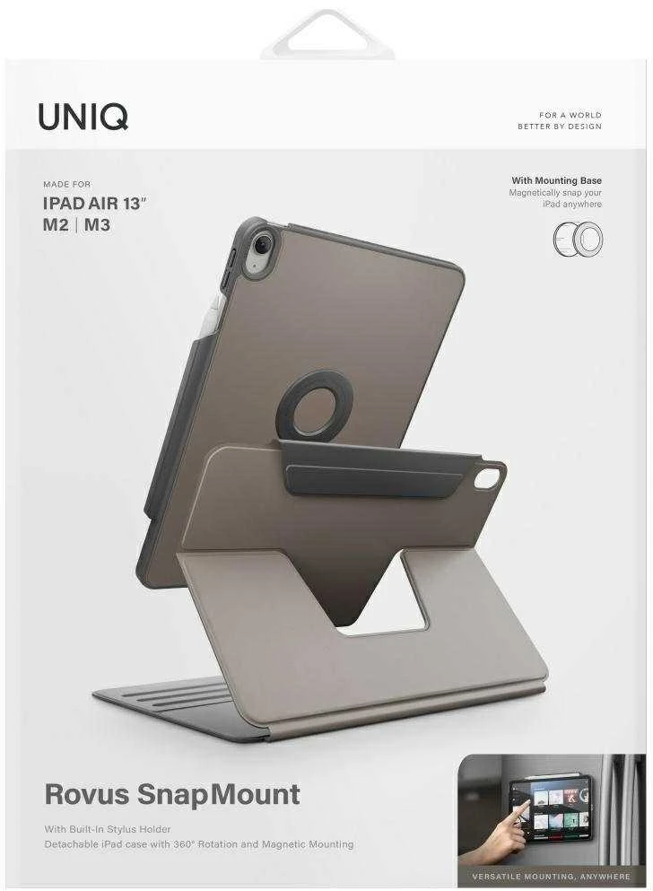 Dėklas UNIQ Rovus Snapmount Magnetic 360 Rotating Detachable skirtas Apple iPad Air 13" M2/M3 (2024/2025) pilkos spalvos