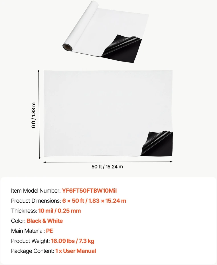 Plastikinė plėvelė VEVOR YF6FT50FTBW10Mil, 1.83 x 15.24 m
