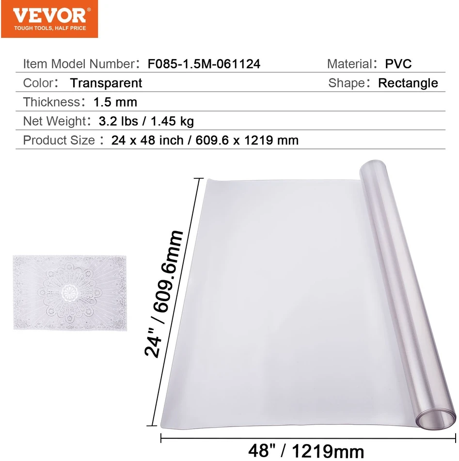 VEVOR Skaidri PVC stalo apsauga 60x120 cm