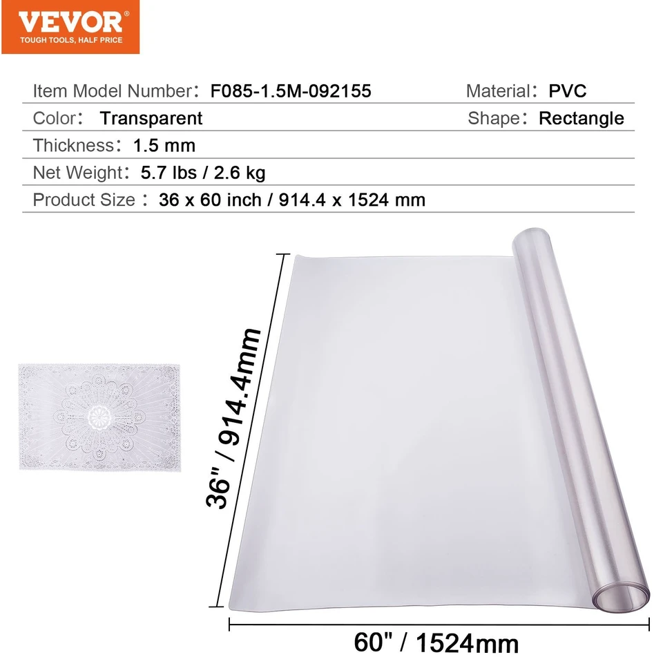 VEVOR pvc stalo apsauga 90x150 cm matinė 1.5mm