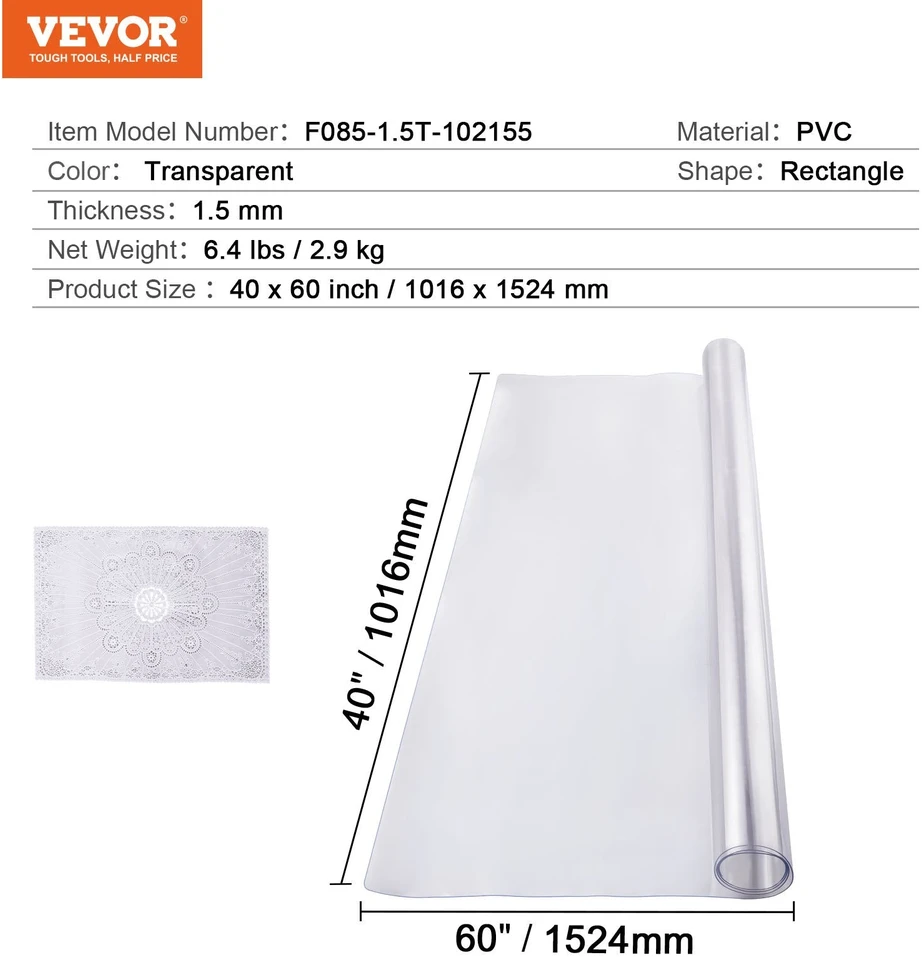 VEVOR skaidri PVC stalo apsauga 1016x1524 mm