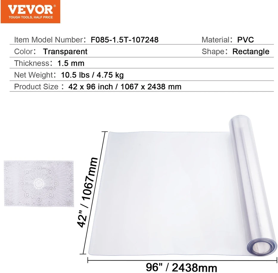 Vevor skaidrus PVC stalo dangtis 1067x2438mm