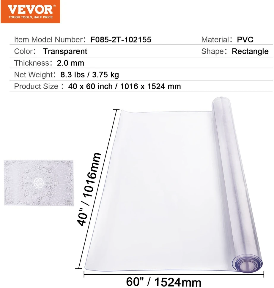 VEVOR PVC stalo apsauga 102x152 cm 2.0 mm storio