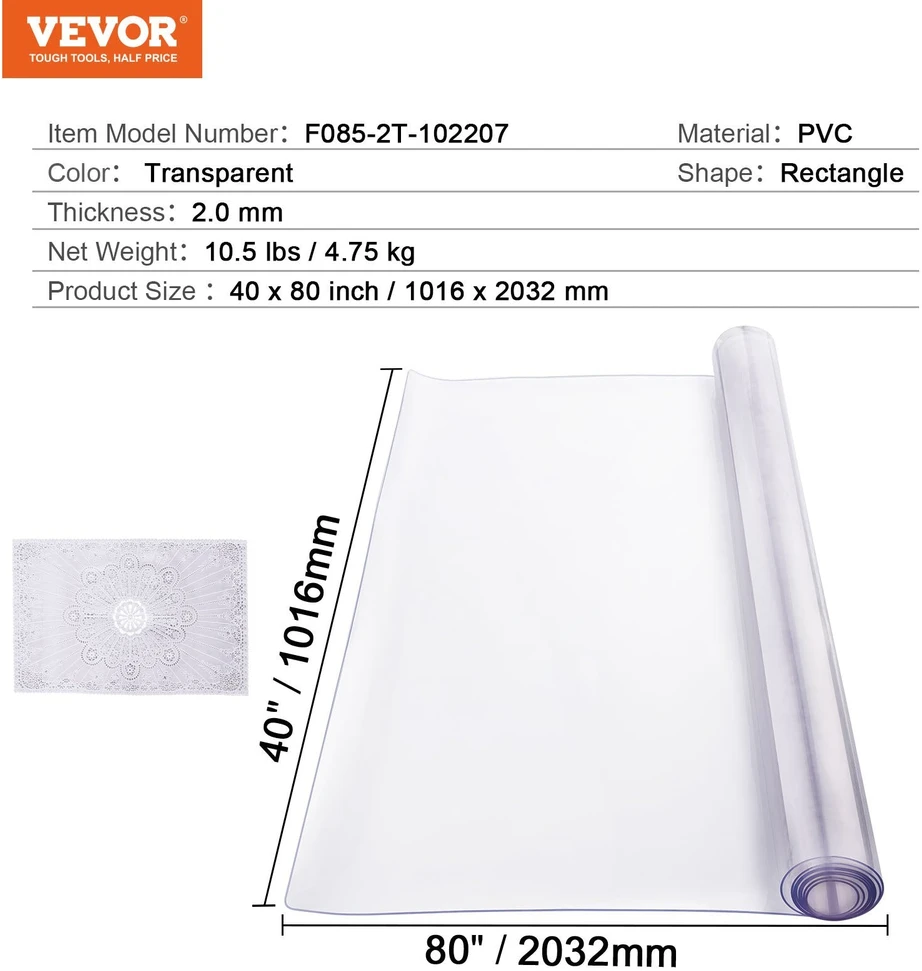 VEVOR Skaidri PVC stalo apsauga, 102 x 203 cm, Patvari, Lengvai valoma, Neslidi