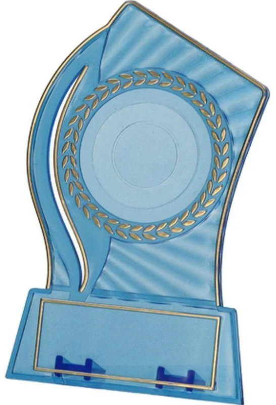 Plastikinis trofėjus - skaidrus - auksinis su vieta 50 mm lipdukui ir 65 mm x 23 mm TM plokštelei