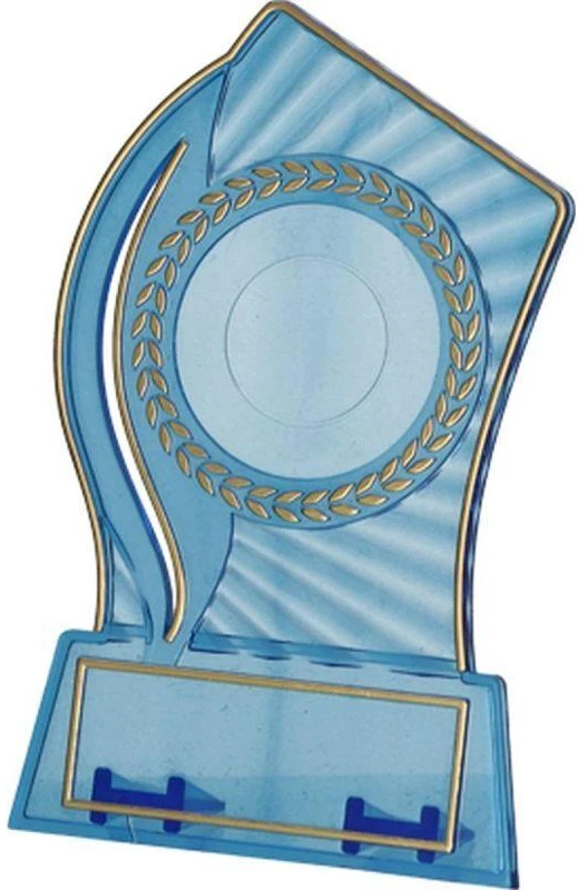 Plastikinis trofėjus - skaidrus - auksinis, su vieta 25/40mm lipdukui ir 56mmX18mm TM lentelės