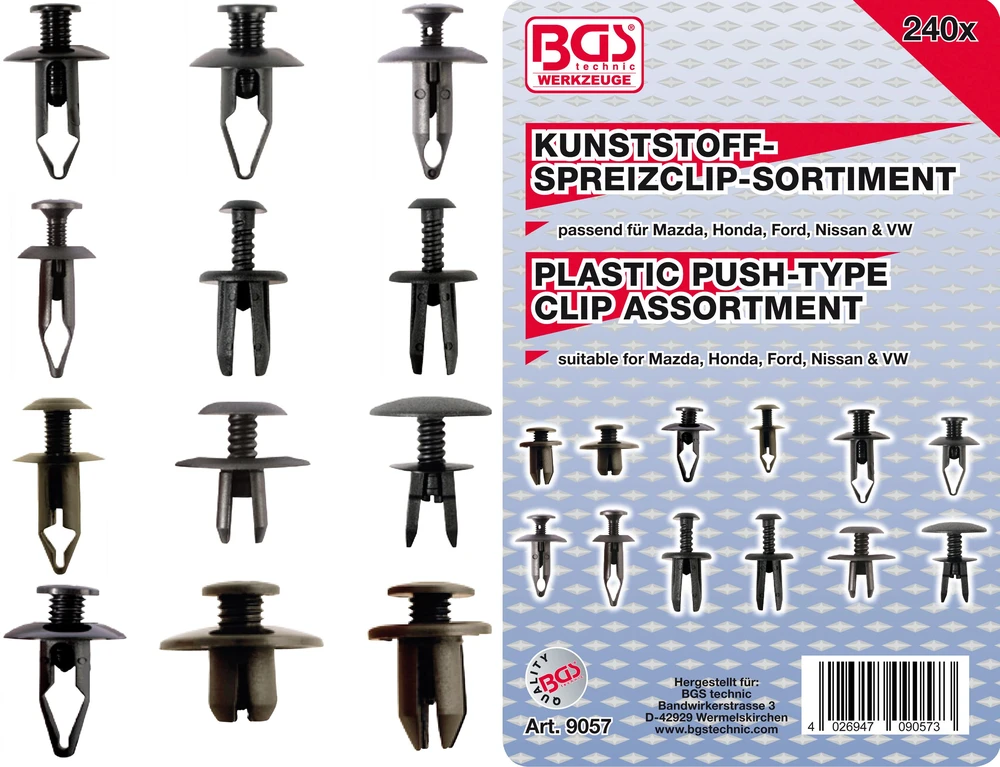 PLASTIKINIŲ ĮSPAUDŽIAMŲ TVIRTINIMO SĄVARŽŲ RINKINYS, SKIRTAS „MAZDA“, „HONDA“, „FORD“, „NISSAN“ IR VW | 240 VNT. (9057)