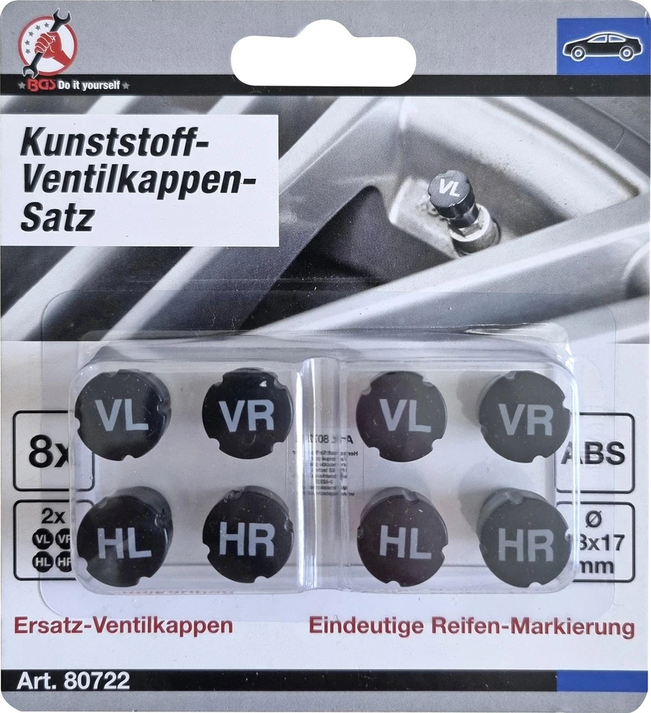 PLASTIKINIŲ VENTILIŲ DANGTELIŲ RINKINYS | PADANGŲ ŽYMĖJIMUI | 8 VNT. (80722)
