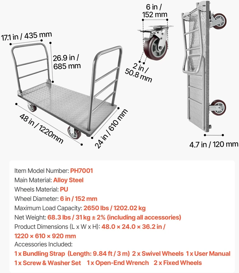 VEVOR Platforminis vežimėlis, 1202 kg talpa