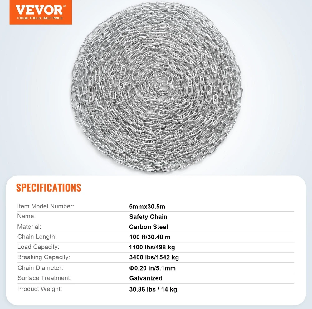 VEVOR Cinkuota plieninė grandinė 5 mm x 30,5 m 498 kg