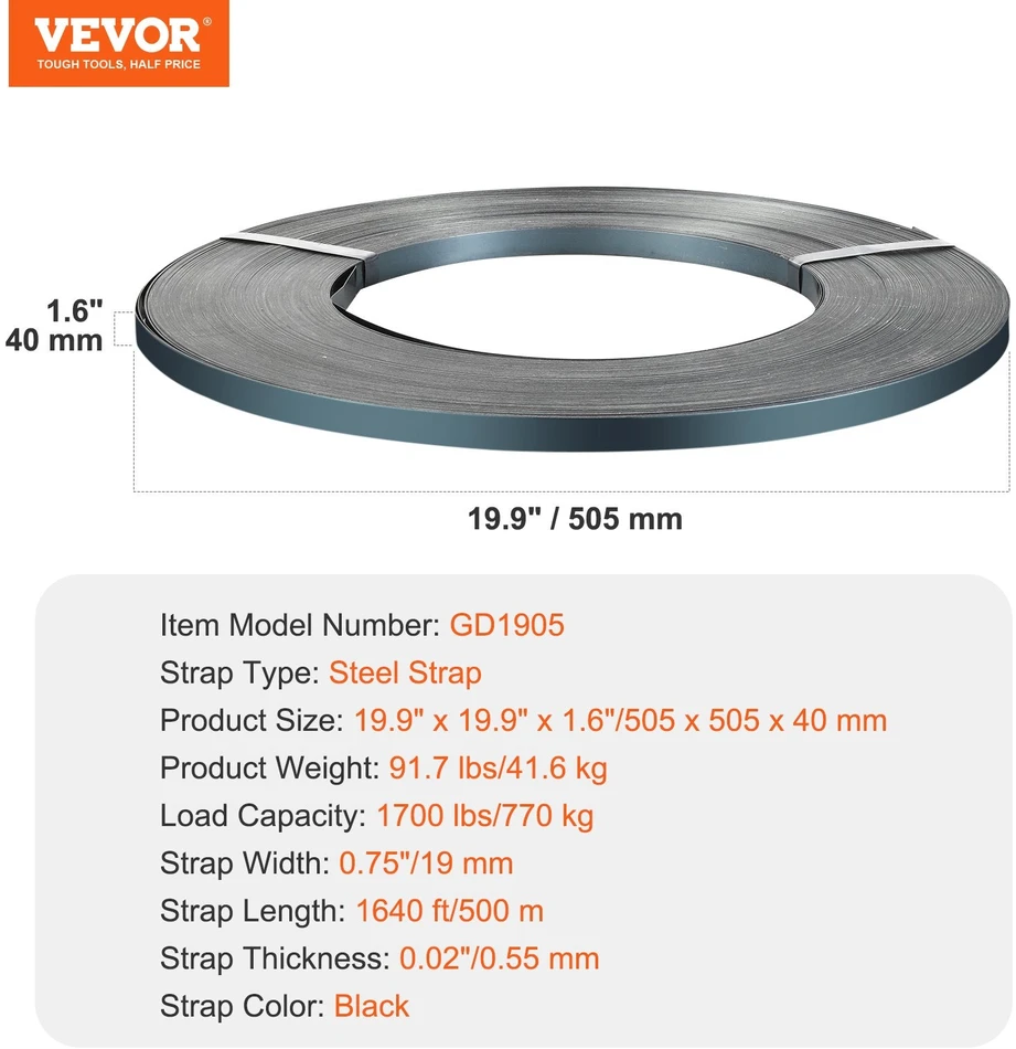 VEVOR Plieninė tvirtinimo juosta 19 mm x 500 m