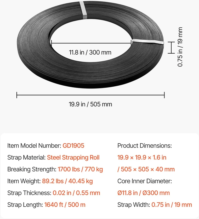VEVOR Plieninė tvirtinimo juosta 19 mm x 500 m