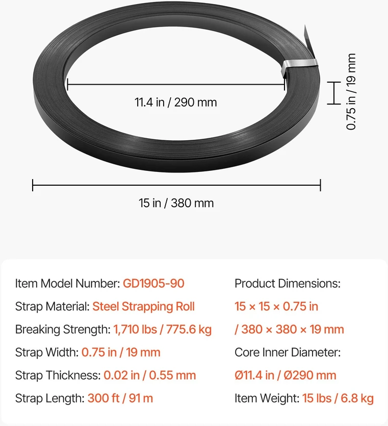 VEVOR Plieno tvirtinimo juosta 19 mm x 91 m