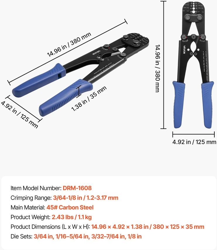 Plieninio lyno užspaudimo replės VEVOR DRM-1608, 1,2–3,17 mm