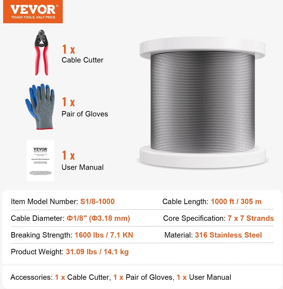 VEVOR Nerūdijančio plieno trosas 1/8" 1000 pėdų