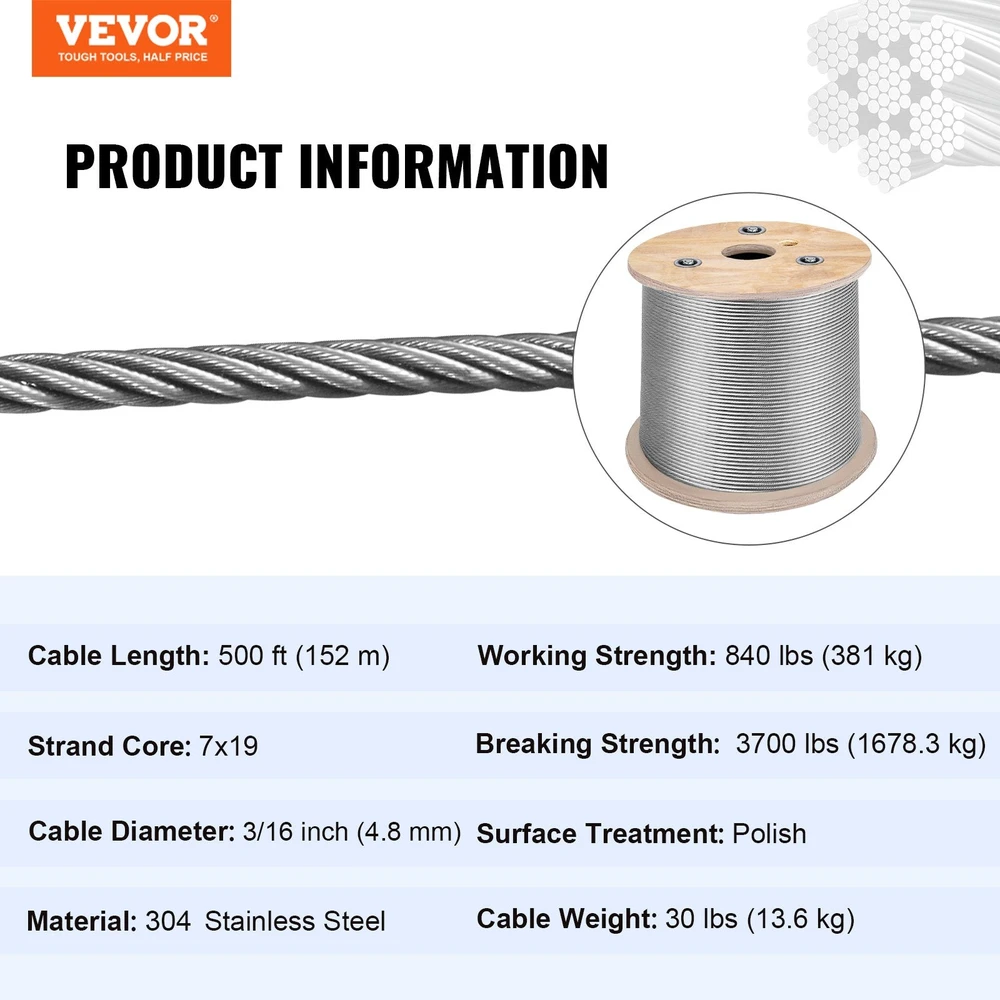 VEVOR 3/16 colio plieninė viela 150 m