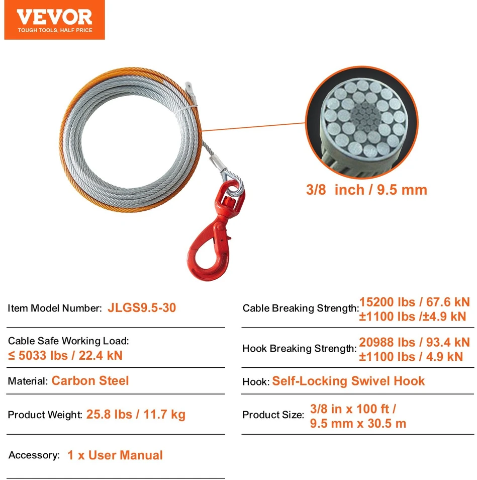 VEVOR Cinkuoto plieno gervės lynas 9,5 mm x 30,5 m