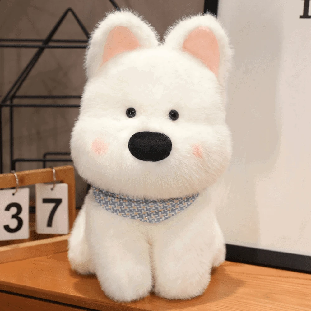 Lean Toys Baltas pliušinis šuniukas su mėlynu šaliku, 33 cm