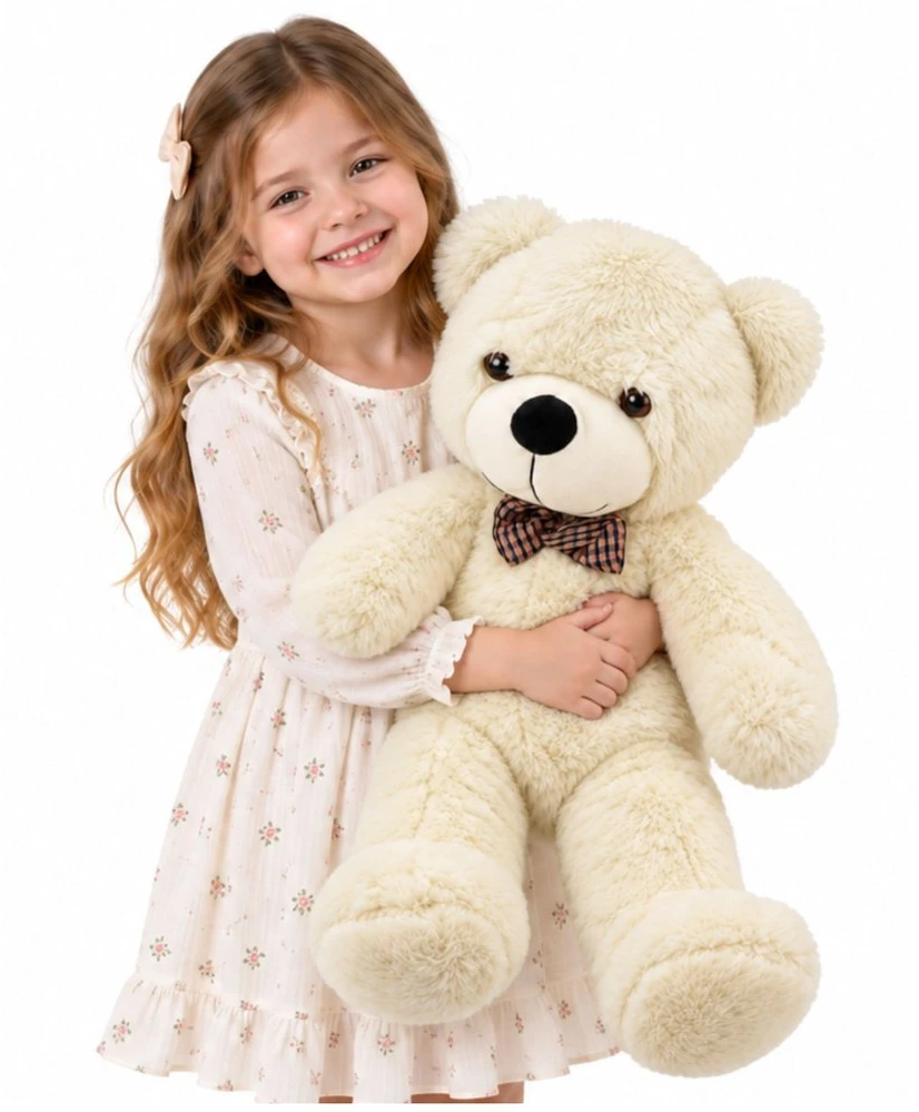Lean Toys Pliušinis meškiukas su languotu kaspinu, baltas ir kreminis, 80 × 35 × 20 cm