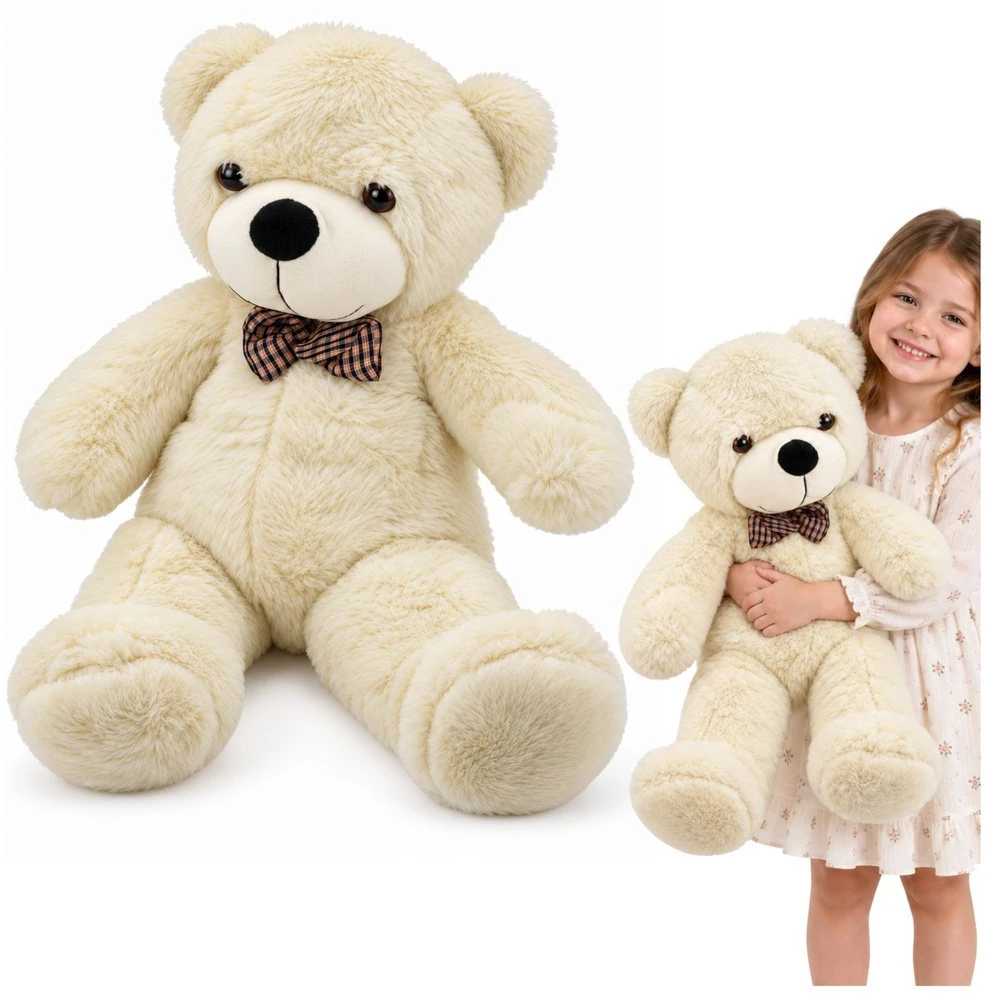 Lean Toys Pliušinis meškiukas su languotu kaspinu, baltas ir kreminis, 80 × 35 × 20 cm