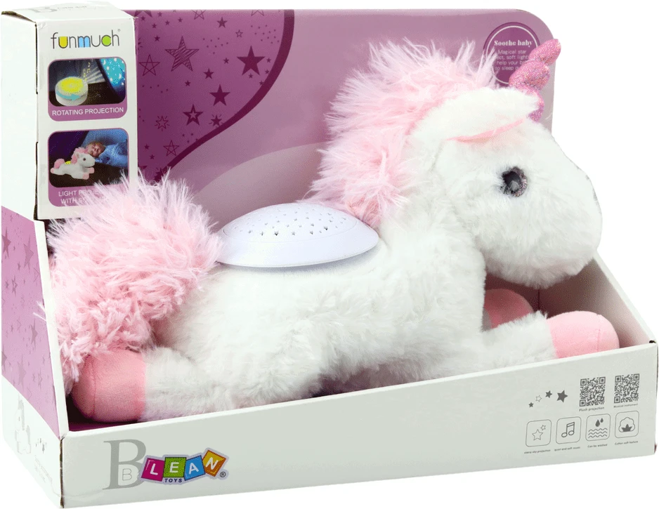 Lean Toys Pliušinis Vienaragis su Projektoriumi ir Melodijomis, migdukas