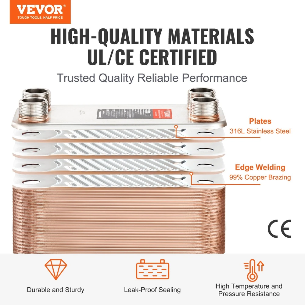 VEVOR 100 plokštelių šilumokaitis 4*1-1/4" MNPT 5x12" 316L plienas