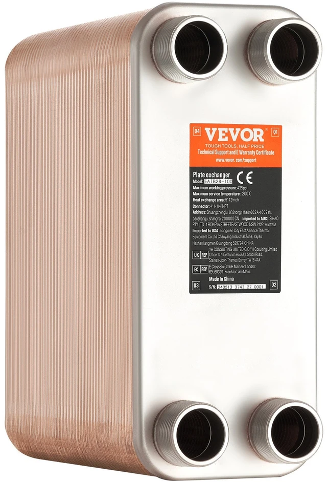 VEVOR 100 plokštelių šilumokaitis 4*1-1/4" MNPT 5x12" 316L plienas