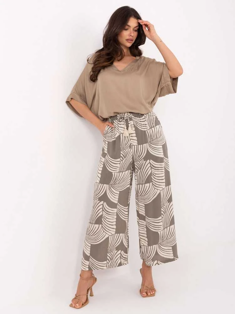 Plonos khaki palazzo kelnės su raštuotu audiniu vasarai