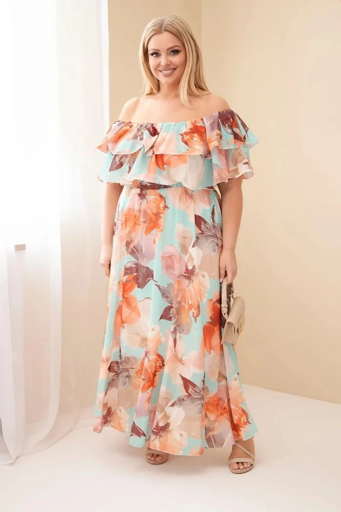 Plus Size maksi suknelė su atvirais pečiais ir raukiniais, mėtų žalios spalvos