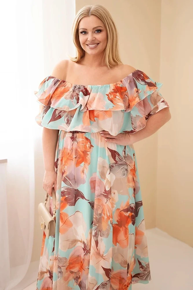 Plus Size maksi suknelė su atvirais pečiais ir raukiniais, mėtų žalios spalvos