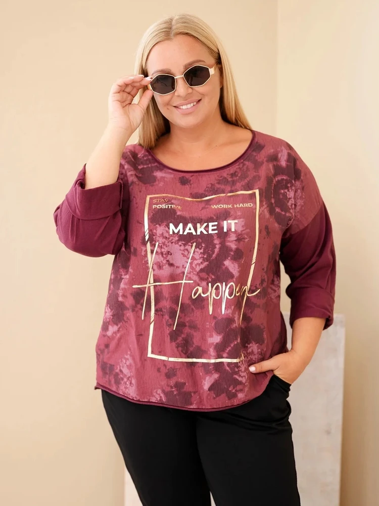 Plus Size moteriška palaidinė su raštu ir U formos iškirpte, slyvų spalvos