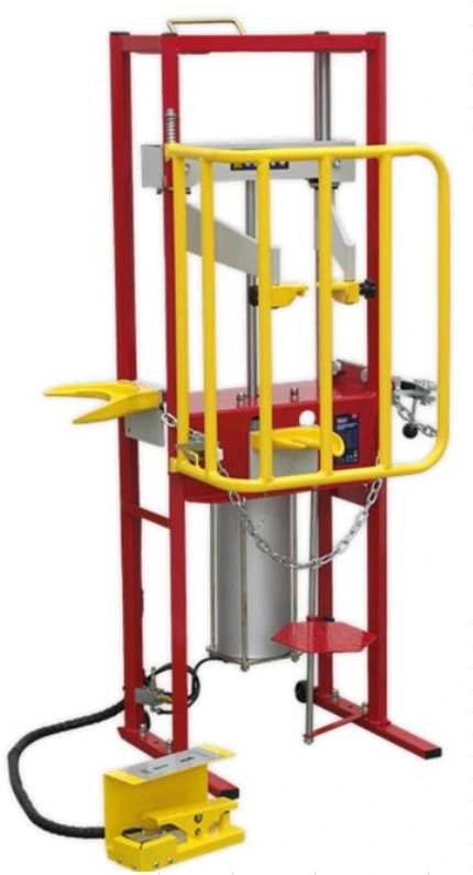 PNEUMATINĖ AMORTIZATORIŲ SPYRUOKLIŲ SUSPAUDIMO STOTIS | DVIGUBAS CILINDRAS | SU APSAUGINIU UŽRAKTU | 2000 KG (SP2T)