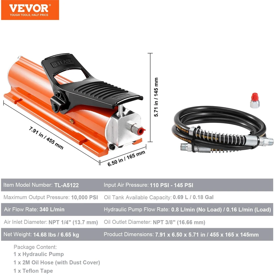 VEVOR Pneumatinis hidraulinis pėdinis siurblys 10 000 PSI