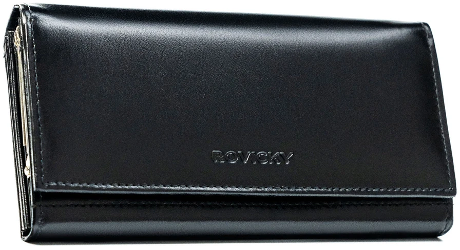 Pojemny, juoda portfel damski ze skóry naturalnej wyposażony w system RFID - Rovicky